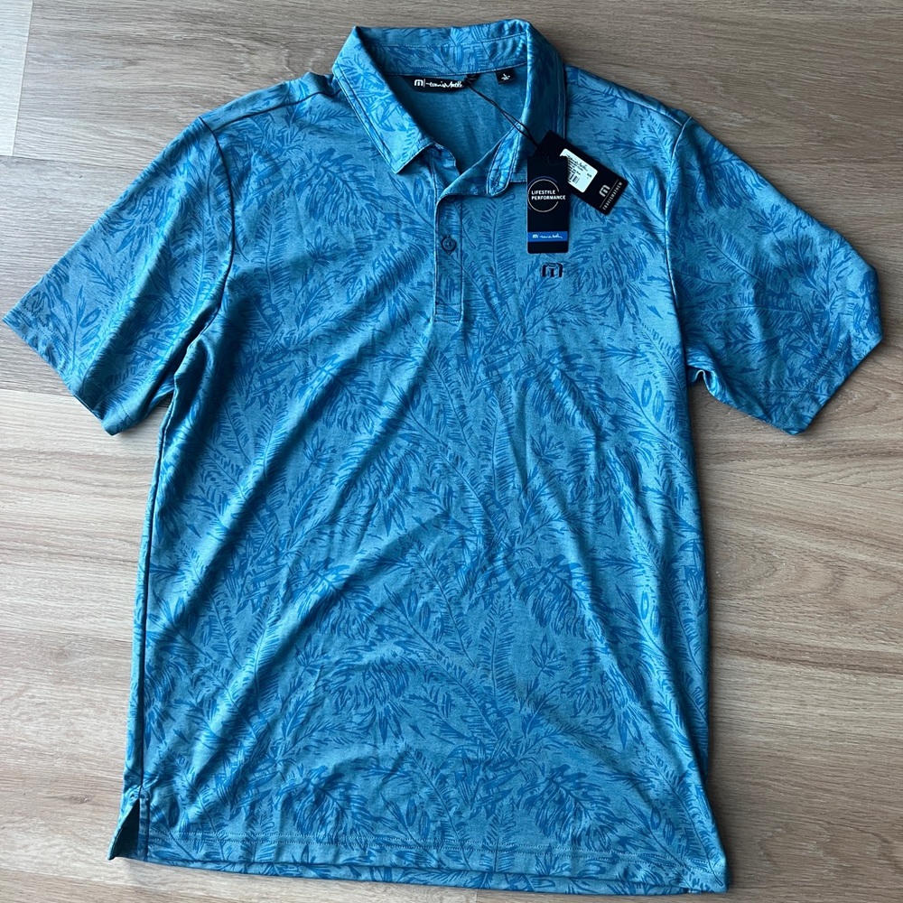 Travis Mathew Blue Leaf Pattern Polo Shirt